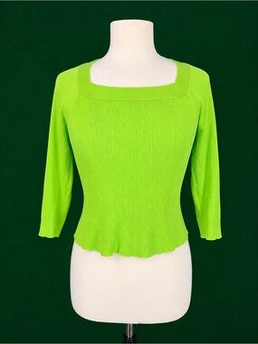 Women’s Square-Neck Ribbed Long Sleeve Top in Lime Green